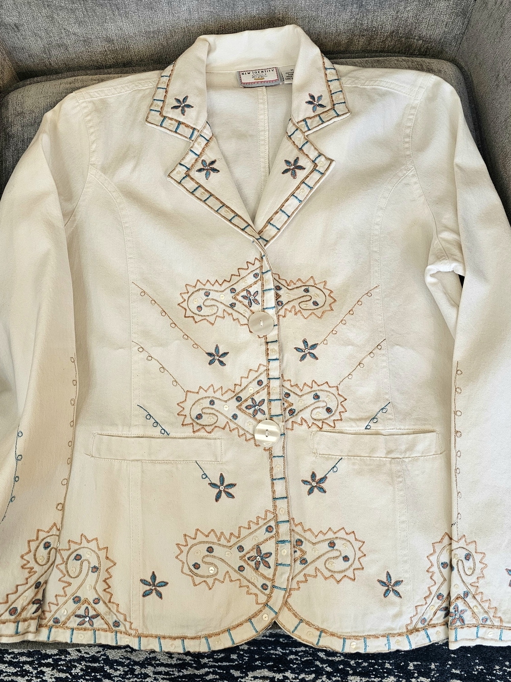 Embroidered Cream Blazer with Blue & Tan Stitching Western Accents Cotton Jacket